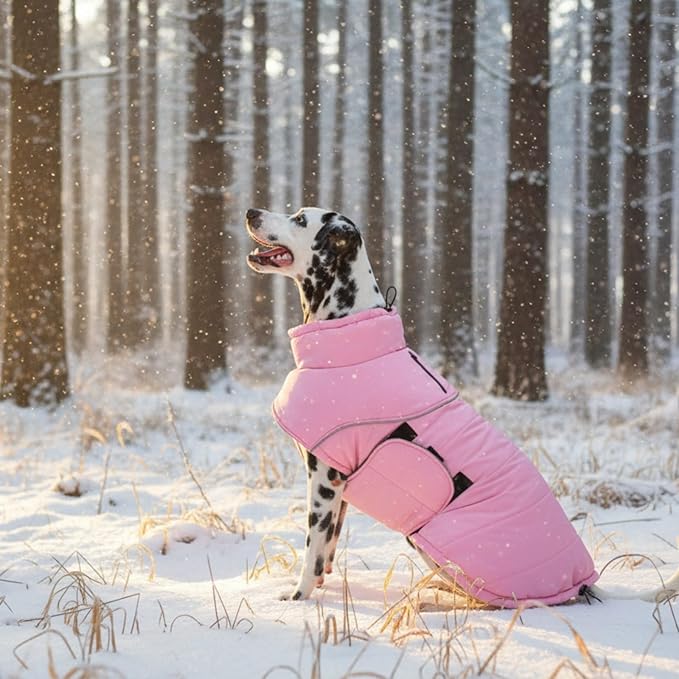 ASENKU Extra Warm Dog Coat - Winter Jacket with Fleece, Reflective, Adjustable, Zippered Leash Hole for Large Dogs, Turtleneck (Pink, 3XL)