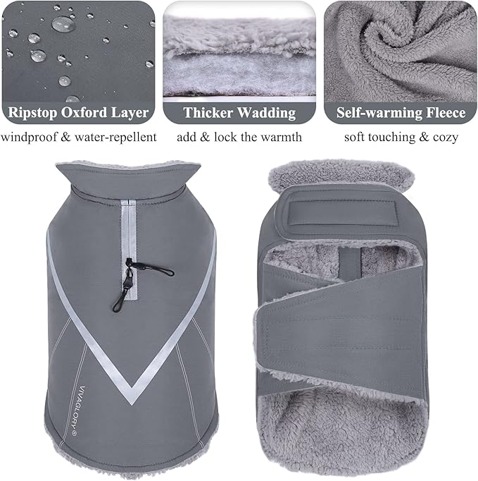 VIVAGLORY Snowrap Dog Coat, Jacket with Harness Hole & Velcro Closure, Dog Coat for Winter & Cold Weather, Fluffy Warm Fleece Lined Reflective Water Resistant for Puppy, S, Grey