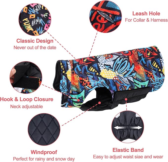 GMF32L CuteBone Dog Winter Jacket, Windproof & Waterproof, Thick, Adjustable, Reversible, Soft, Recommended for Small, Medium, Large Dogs; Leash Hole for Easy Walking