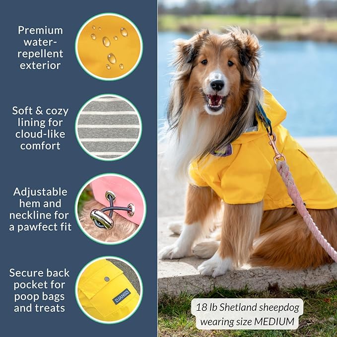 DJANGO Highland Dog Jacket & Raincoat – Water-Repellent, Lined Dog Coat with Hood, Adjustable Fit & Harness Hole – Lightweight Rain & Wind Jacket for Small & Medium Dogs up to 30 lbs (Yellow, Large)