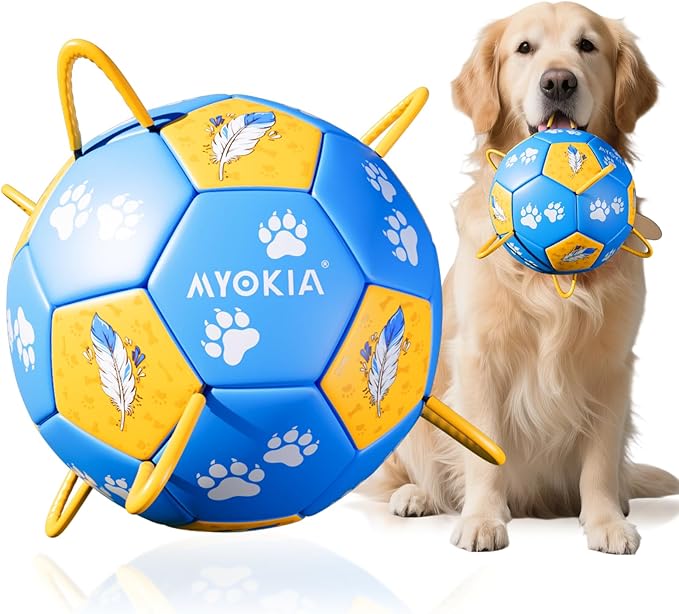 Size 3 Dog Soccer Ball with Straps Durable Training Ball for Pets Interactive Outdoor Dog Toy, Blue & Yellow, Paw Prints and Feather Design, for Medium & Large Puppies