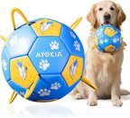 Size 3 Dog Soccer Ball with Straps Durable Training Ball for Pets Interactive Outdoor Dog Toy, Blue & Yellow, Paw Prints and Feather Design, for Medium & Large Puppies