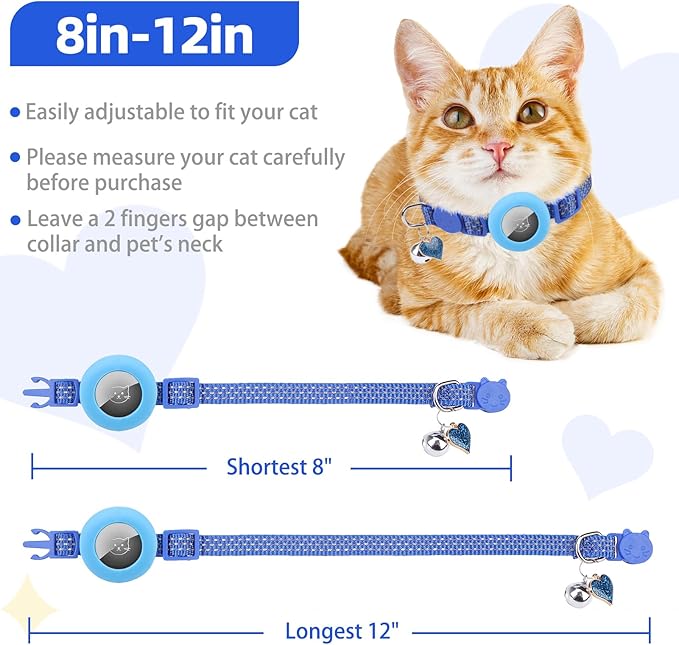 PUPTECK Airtag Cat Collar Breakaway 2 Pack with Bells, Reflective Kitten Collar with Air Tag Holder for Boy Girl Kitty and Puppies, Soft, Navy Blue & Light Blue
