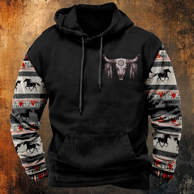 HOTYD Mens Western Aztec Sweatshirts Long Sleeve Fall Fashion Drawstring Pullover Vintage Graphic Cowboy Hoodie for Men