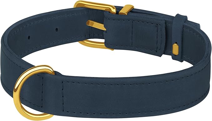 Leather Dog Collar - Heavy Duty Adjustable Soft Padded Pet Collars for Small Medium Large Dogs Breed - Black Green Brown Pink Red Blue (Smoky Blue, L, 15"-19" Neck Fit)
