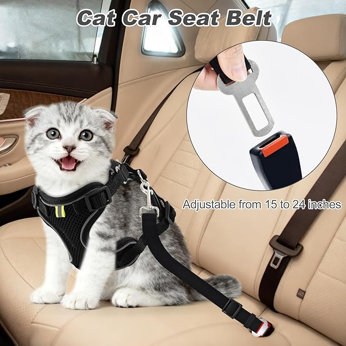 Kitten Cat Harness and Leash Set, Escape Proof Soft 4-Adjustable Cat Walking Vest Harness, Reflective Strips in Harness for Kitty Puppy Bunny Car Travel, with Car Seatbelt Leash (Black, M)