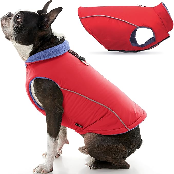 Gooby Sports Vest Dog Jacket - Red, X-Small - Reflective Dog Vest with D Ring Leash Warm Fleece Lined Hook and Loop Closure for Small to Medium Dogs