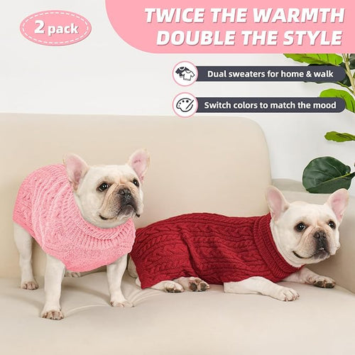 2 Pack Dog Sweaters for Medium Dogs Turtleneck Pullover Cable Knit Stretch Clothes French Bulldog Dachshund Boston Terrier Corgi Beagle Pug Boy Girl Pets Winter Clothes (M, Pink & Red)