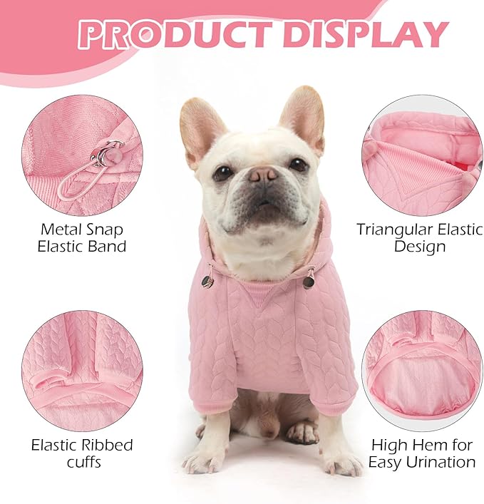 EXPAWLORER Textured Cable Knit Basic Dog Hoodie, Elevated Style Dog Sweater with Leash Hole and Pocket, Soft and Warm Pet Winter Coat, Cold Weather Clothes for Small Medium Large Dogs Cats,Pink XL
