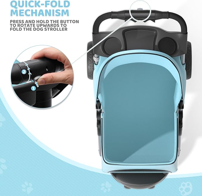 Magshion 3-Wheel Pet Stroller, Foldable Travel Jogger for Small & Medium Dogs & Cats (Up to 33lbs), Lightweight Carrier with Breathable Mesh Cover, Cup Holder & Storage Basket, Mint Green