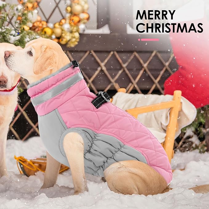 AOFITEE Dog Coat, Warm Dog Winter Coat, Reflective Turtleneck Large Dogs Jacket with Harness Built in, Turtleneck Pet Winter Jacket, Waterproof Pet Snow Jackets Fleece Vest, Pink XL