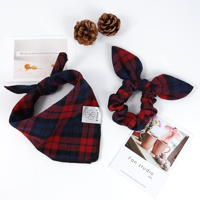 E-Clover Christmas Dog Bandanas & Matching Scrunchie Set Plaid Dog Scarf Bibs Pet Handkerchief for Small Dogs Puppy Owner Gifts Red Blue