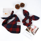E-Clover Christmas Dog Bandanas & Matching Scrunchie Set Plaid Dog Scarf Bibs Pet Handkerchief for Small Dogs Puppy Owner Gifts Red Blue
