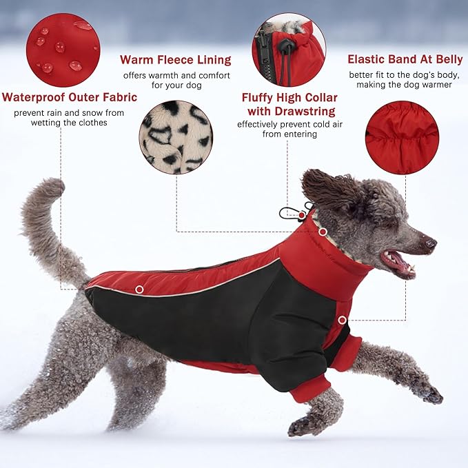 IDOMIK Reversible Dog Winter Coat, Thick Warm Dog Coat with Leopard Fleece Lining&Zipper, Adjustable High Collar Waterproof Jacket, Reflective Pet Cold Weather Coats for Small Dogs,Red,S