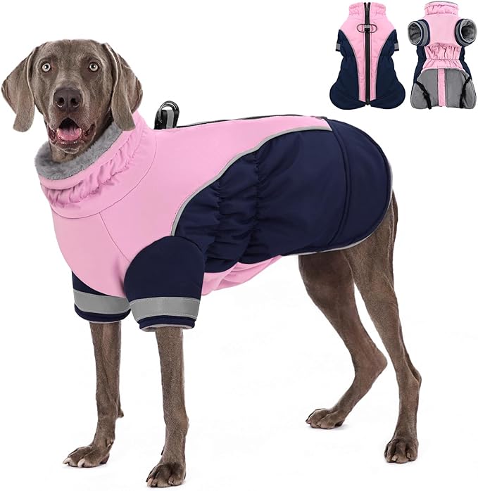AOFITEE Dog Coat- Two Legged Extra Large Dog Winter Jacket - Zipper Dogs Cold Weather Coat with Harness, Warm Pet Puffer Jackets Reflective Pet Snow Coats for Golden Retriever, Weimaraner, PinkNavy2XL