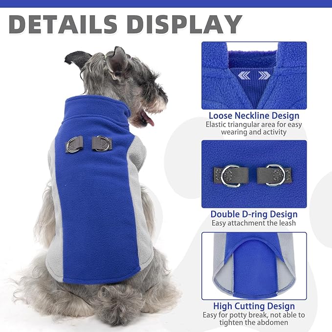 KOOLTAIL Small Dog Sweater - Dog Fleece Vest Jacket with Leash D-Ring for Small Medium Dogs, Soft Pullover Winter Warm Cold Weather Coats, Pet Fall Clothes Outfit for Puppy Cat Boys&Girls, Blue M
