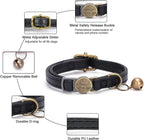 Leather Cat Collar Breakaway, Custom Cat Kitten Collar with Bells, Personalized Cat Collars with Name and Phone Number for Boy Girl Cats (Black, 6.3“-11.8“)