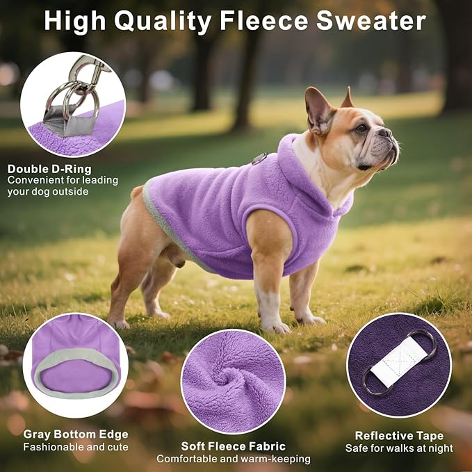 Idepet 2 Pack Dog Fleece Vest Sweater Warm Pullover Jacket with D-Ring Leash Reflective Winter Coat Hoodie for Puppy Cat French Bulldog Pug Chihuahuas Yorkies Dachshunds(Purple&Pink,Medium)