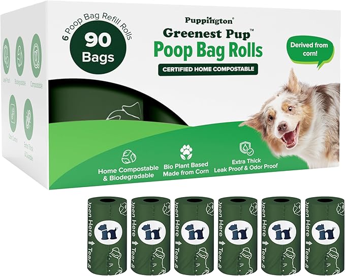 Puppington Certified Home Compostable Poop Bags - ASTM D6400 Compliant - 90 Extra Thick Bags - Plant Based - Pairs with Puppington 3-in-1 Bag & Fits all Standard Poop Bag Dispensers (Basil Green)