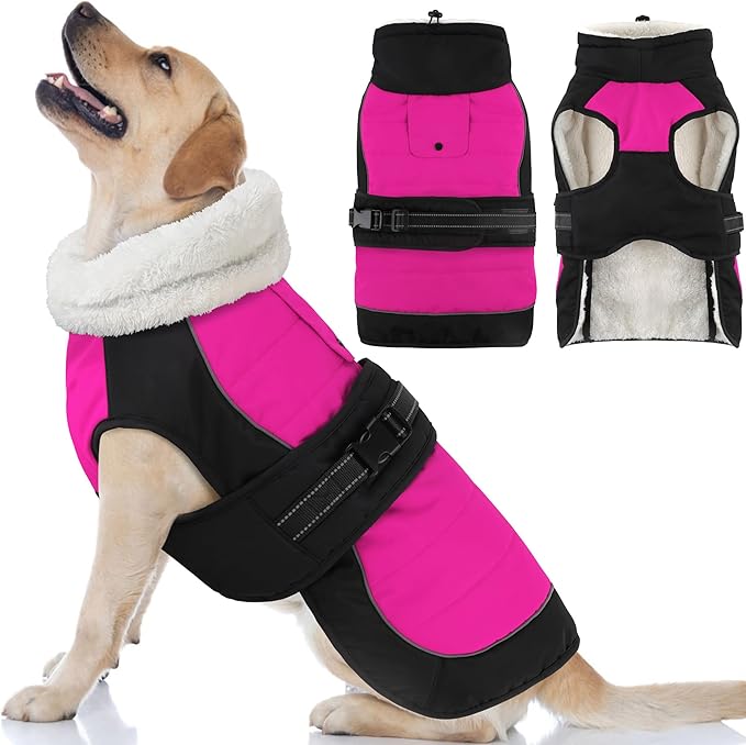 Dogcheer Waterproof Dog Coat, Christmas Dog Winter Jacket, Adjustable Puppy Fleece Coat for Cold Weather, Reflective Turtleneck Snow Jacket for Small Medium Large Dogs - Pink, 2XL