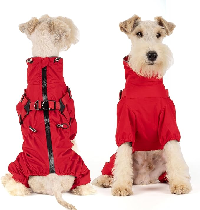 Mile High Life Waterproof Dog Raincoat, Full Coverage Small Dog Rain Coat with Harness, Adjustable 4 Legs Puppy Rain Jacket with Reflective Strip and Elastic Cuffs (Red, L Back Length 16.1")