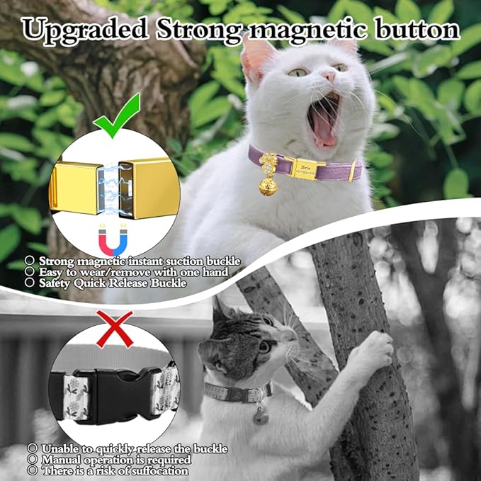 Personalized Breakaway Cat Collars - Magnetic Buckle, Bell - Safety Quick Release, Customized for Girls & Boys Cats- (Velvet-Deep Purple)