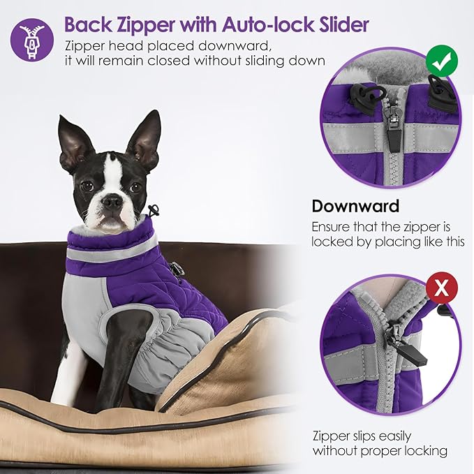 AOFITEE Dog Coat, Warm Dog Jackets for Small Dogs, Dogs Winter Coat with Harness Built in, Reflective Pet Winter Jacket, Waterproof Windproof Puppy Puffer Jacket Fleece Vest, Purple XS