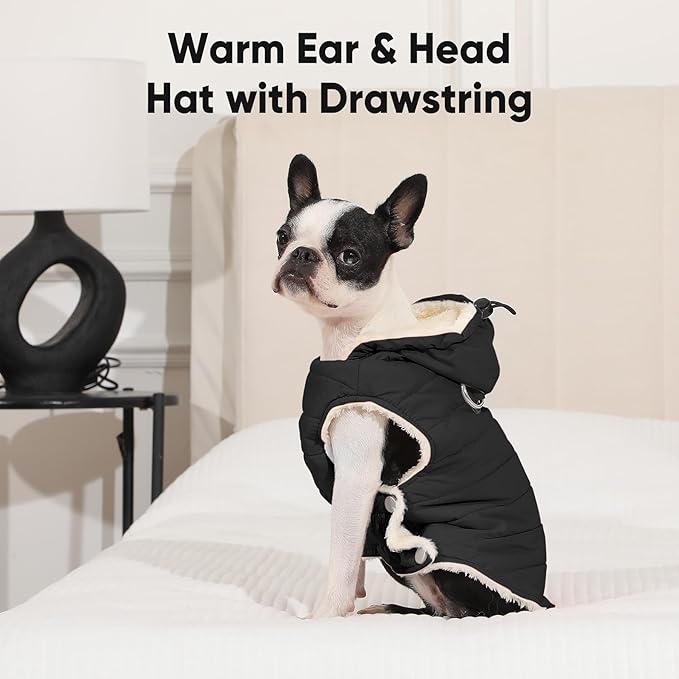 Fleece Lining Dog Hoodie with Harness Built in,Extra Warm Small Dog Jacket in Winter Puppy Coats with Drawstring Hooded,Black M