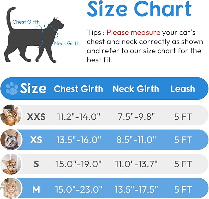 Dooradar Cat Harness and Leash Set, Escape Proof Safe Adjustable Kitten Vest Harnesses for Walking, Easy Control Soft Breathable Mesh Jacket with Reflective Strips for Cats, Light Blue, M