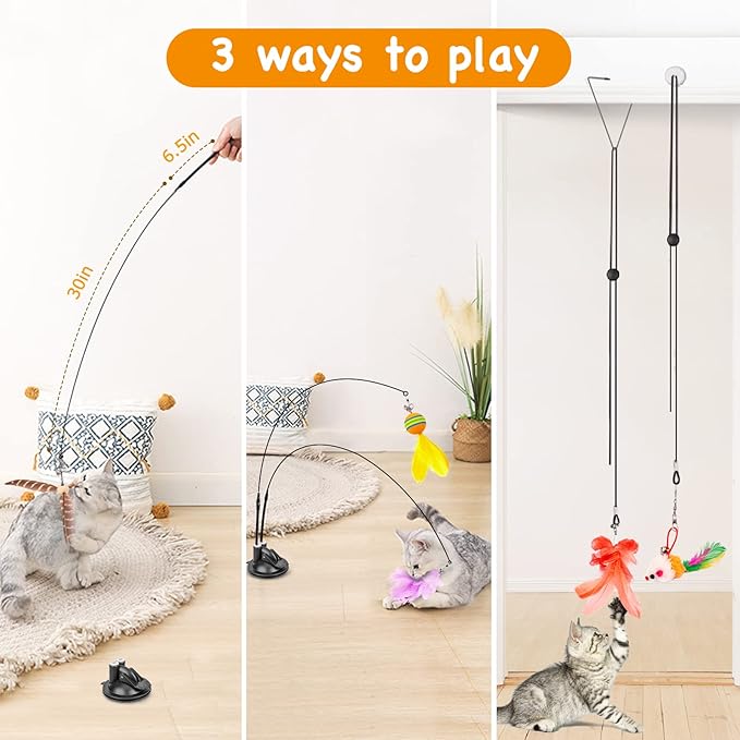 Cat Toys Wand, Interactive Cat Toy with Super Suction Cup Sticky Detachable 12 PCS Feather Replacements 2 Wands Cat Spring Feather Toys for Indoor Cats Kitten Toys (8 Toys Double Headed)