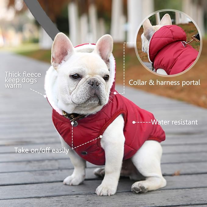 Fleece Hoodie, Windproof Waterproof Coat, Winter Warm Jacket, Cold Weather Pet Apparel Clothes Vest for Small Medium Large Dogs (M, Red)
