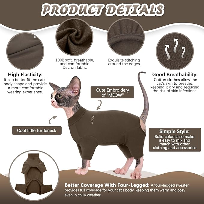 ROZKITCH Pants for Cats, Breathable Soft Cat Jumpers for Cats Only, Cat Coat with Four Legs, Warm Sweater T-Shirt Pajamas Jumpsuit Vest Cornish Rex Devon Rex Peterbald Coffee M