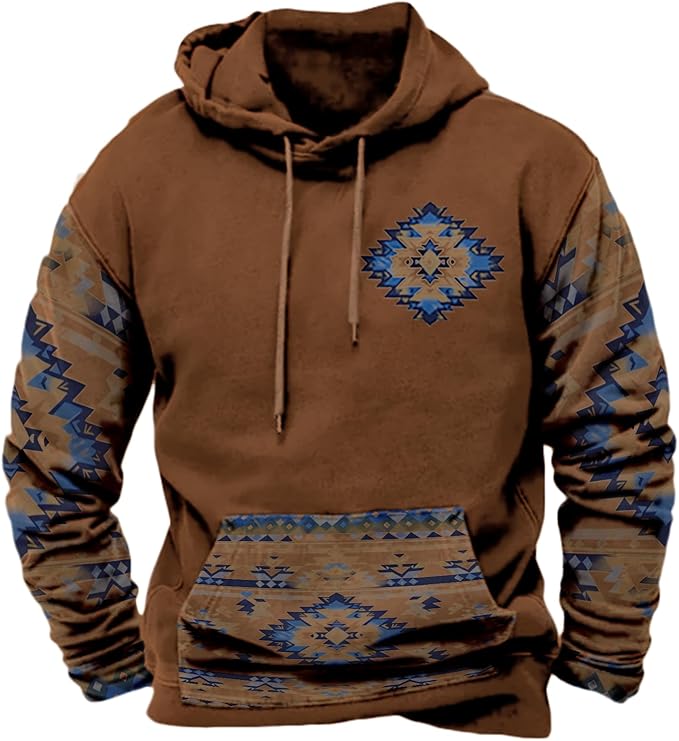 HOTYD Mens Western Aztec Sweatshirts Long Sleeve Fall Fashion Drawstring Pullover Vintage Graphic Cowboy Hoodie for Men