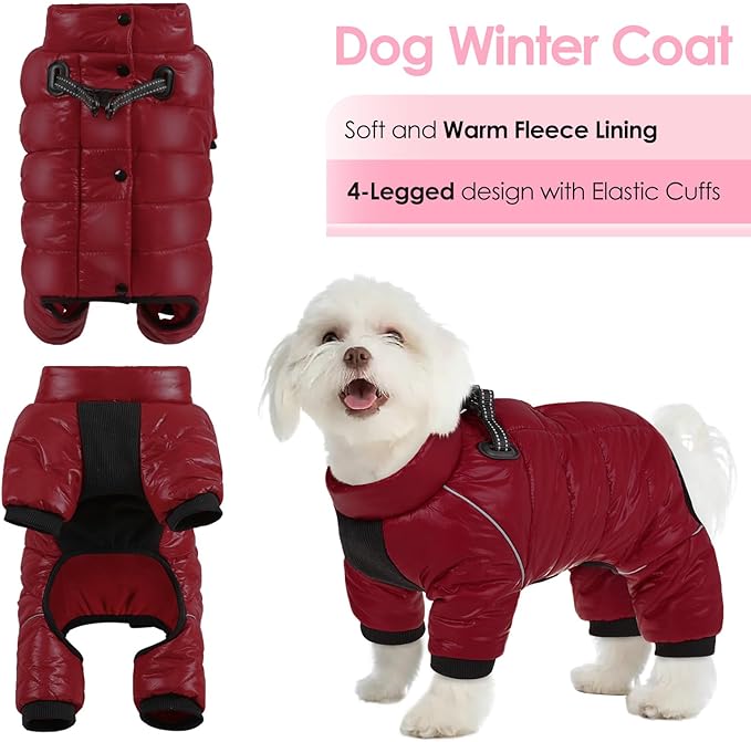 AOFITEE Dog Coat, Waterproof Dog Jacket for Winter, Warm Fullbody Dogs Snowsuit, Winter Coat for Small Dogs, Zip Up Pet Puffer Jacket Fleece Vest, Outdoor Reflective Pet Coats, Christmas Red, S