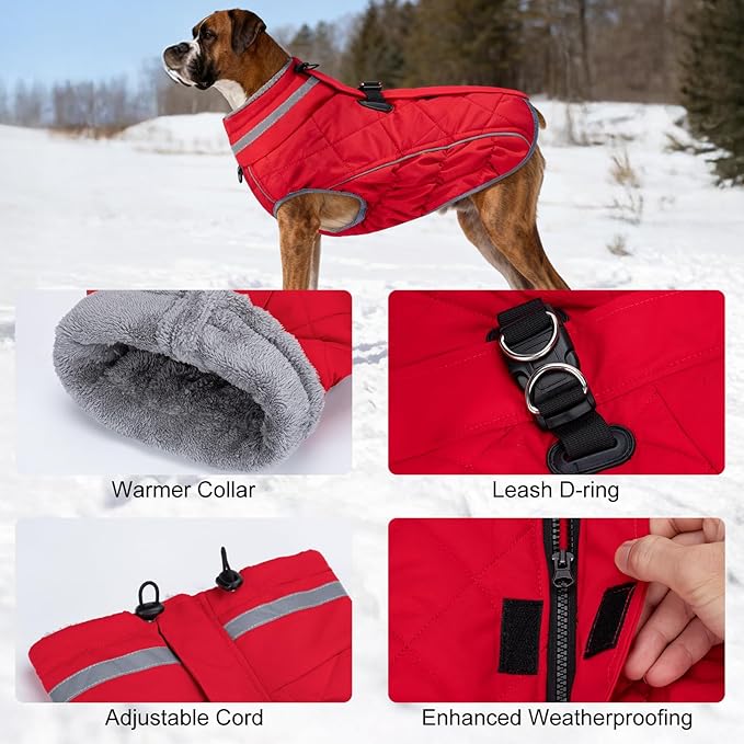 Dog Coat, Warm Dog Winter Coat for Large Dogs, Waterproof Jacket with Harness Built in, Reflective Turtleneck Cold Weather Coats with Zipper,Pet Fleece Vest Snow Jacket, Red XXL