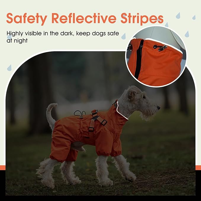 BRKURLEG Dog Raincoat for Small Dogs, Small Dog Rain Jacket with Harness Built in, Waterproof 4 Legs Pet Raincoats, Puppy Outdoor Jacket with Reflective Strip, Orange, L