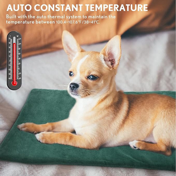 PETNF Outdoor Heated Pet Bed with Waterproof Cover,Pet Heating Pads for Dog,Soft Electric Blanket Auto Temperature Control,Heating Mat for Dog House Cabin Cot Doorway,Rescue Cats,Green