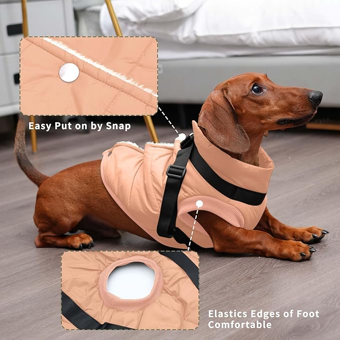 Dog Jacket with Harness,Fleece Lined Warm Puppy Coat for Winter,Soft Windproof Medium Dog Vest,LightOrange XL