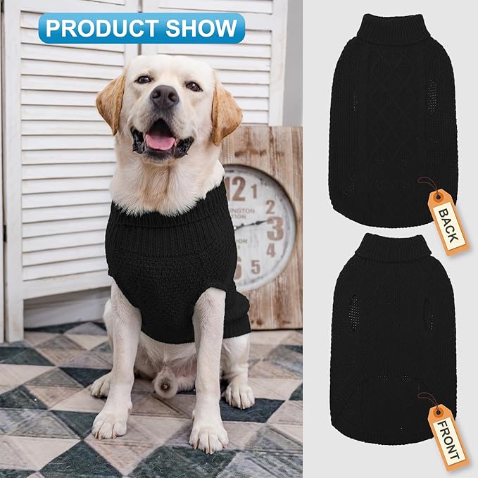 Mihachi Turtleneck Dog Sweater - Winter Coat Apparel Classic Cable Knit Clothes with Leash Hole for Cold Weather, Ideal Gift for Pet in New Year Black X-Small