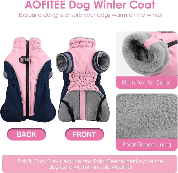 AOFITEE Dog Coat - Two Legged Medium Dog Winter Jacket - Zip Up Dogs Cold Weather Coat with Harness, Warm Pet Puffer Jackets Reflective Pet Snow Coats for Pug, Jack Russell, Boston Terrier, PinkNavy M