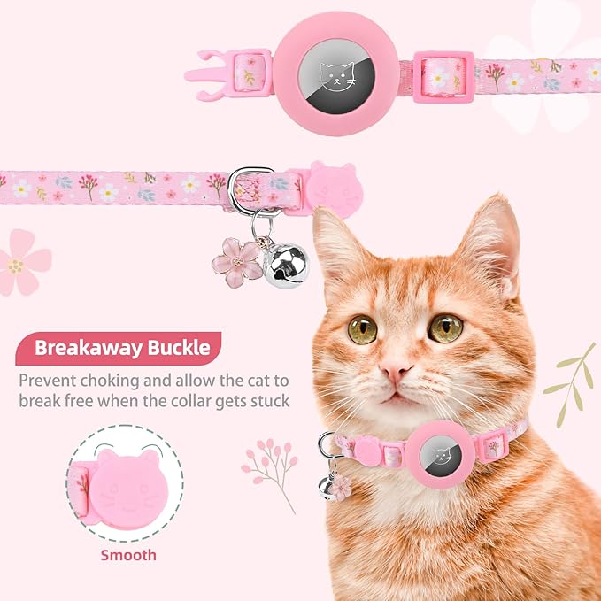 PUPTECK Airtag Cat Collar Breakaway 2 Pack with Bells, Reflective Kitten Collar with Air Tag Holder for Boy Girl Kitty and Puppies, Soft, Pink
