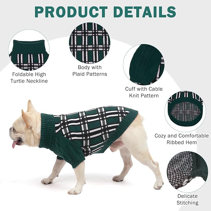 SCENEREAL Turtleneck Dog Sweater for Small Medium Large Dogs Girls Boys, Christmas Plaid Pullover Puppy Sweatershirt, Dogs Cold Weather Outfit Clothes, Ideal Gift for Pet in New Year, Green Plaid XS