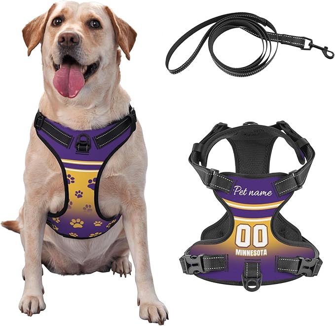 Custom Minnesota Dog Harness with Reflective Stripes Personalized Name and Number Dog Vest Harness with Pet Traction Rope for Small Medium Large Dog