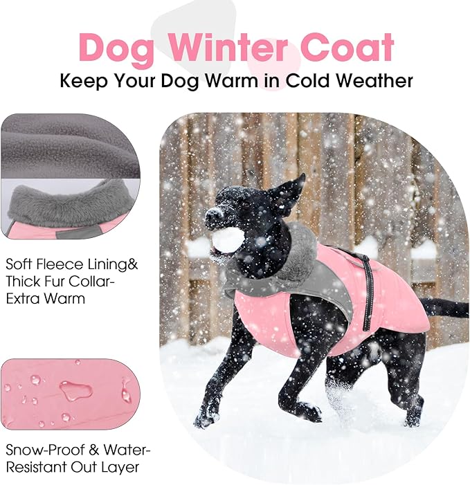 Nanaki Warm Dog Coats for Winter, Fleece Lined Furry Collar, Waterproof Reflective Dog Snowsuit with Leash Hole for Outdoor Walking Hunting, Easy On Cold Weather Puppy Jacket Vest, Beagle, Pink L