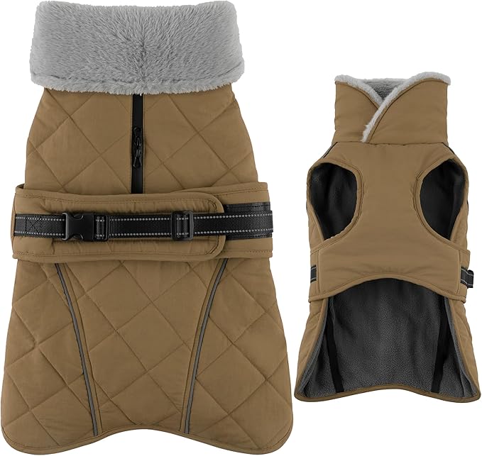 Dog Coat, Waterproof Dog Winter Jacket with Adjustable Buckle, Reflective Turtleneck Pet Snow Vest Warm Fleece Sweater for Small Medium Large Dogs - Khaki, L