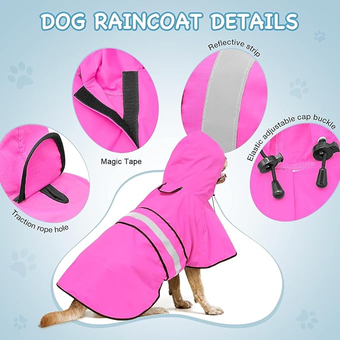 Dog Raincoat - Reflective Dog Rain Jacket, Waterproof Hooded Pet Rain Coat with Harness Hole, Lightweight Adjustable Doggie Slicker Poncho for Walking (XX-Large, Pink)