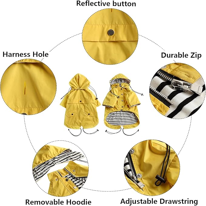 Morezi Dog Zip Up Raincoat with Reflective Buttons, Rain/Water Resistant, Adjustable Drawstring, Removable Hood, Raincoats with Legs 8lbs to 80lbs Available - Yellow - L