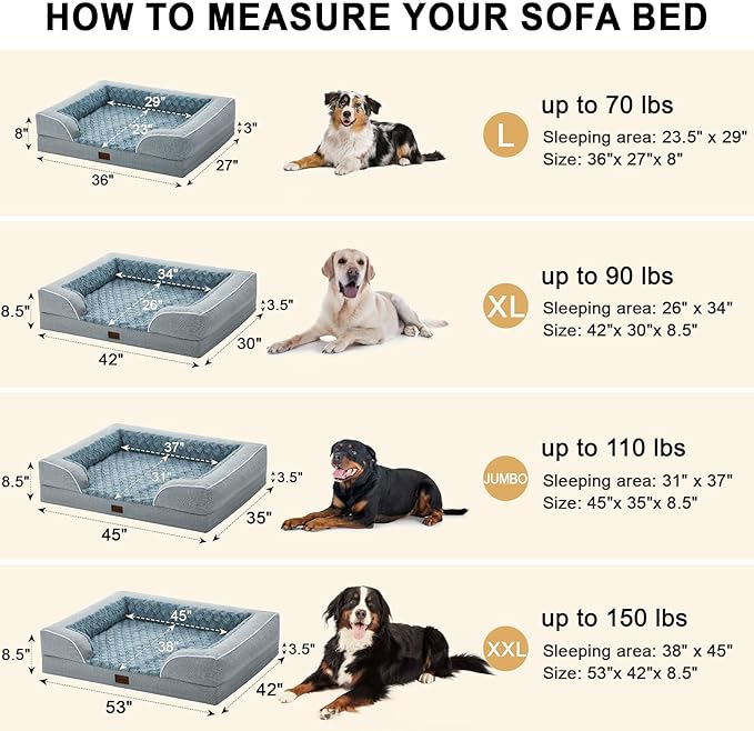 Orthopedic Dog Beds for Large Sized Dogs, Waterproof Memory Foam Large Pet Bed with Sides 36x27Inch, Non-Slip and Egg-Crate Foam Big Dog Couch Bed with Removable Washable Cover, Light Grey