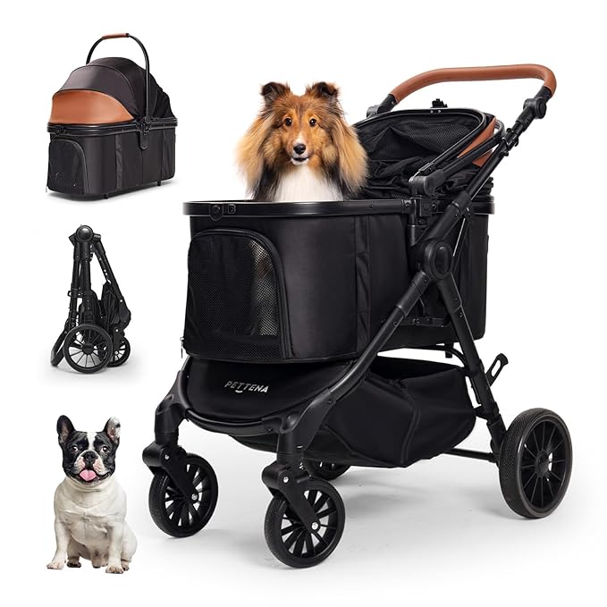 Pet Stroller with 4 Wheels, 4 in 1 Folding Puppy Strollers for Small/Medium Dogs up to 66lbs, Lightweight Pet Travel Carrier with Detachable Carrier/Storage Basket, One Click Folding, Black