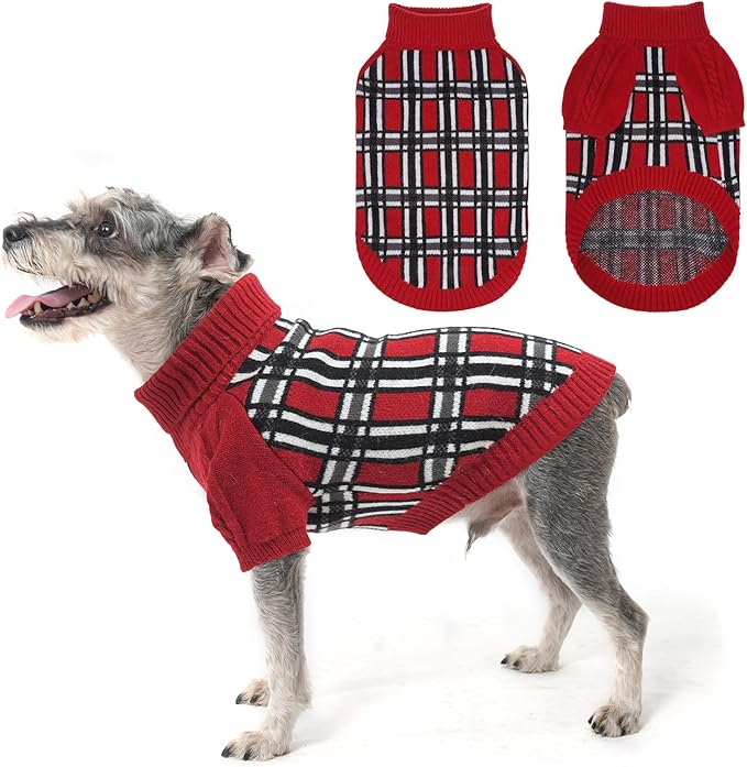 SCENEREAL Turtleneck Dog Sweater for Small Medium Large Dogs Girls Boys, Christmas Plaid Pullover Puppy Sweatershirt, Dogs Cold Weather Outfit Clothes, Ideal Gift for Pet in New Year, Red Plaid S